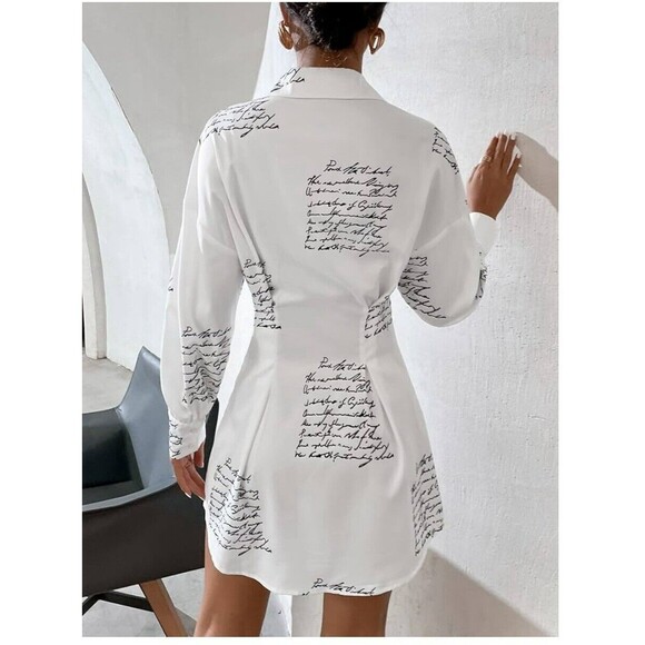 Spoon Jeans Long Sleeve Button Up Shirt Dress Women's Med White Black Script - Picture 6 of 16